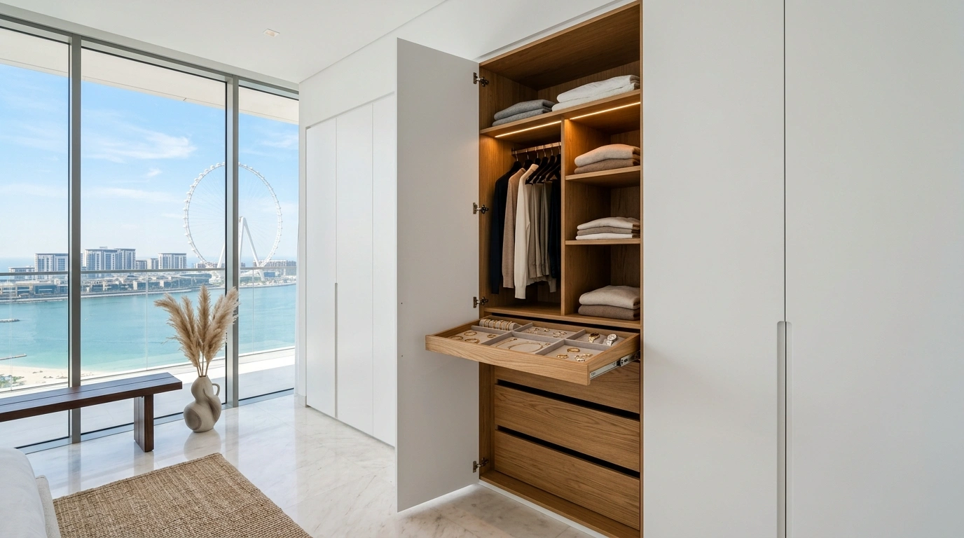 Minimalist seamless white built-in wardrobe in Blue Waters Island, Dubai.