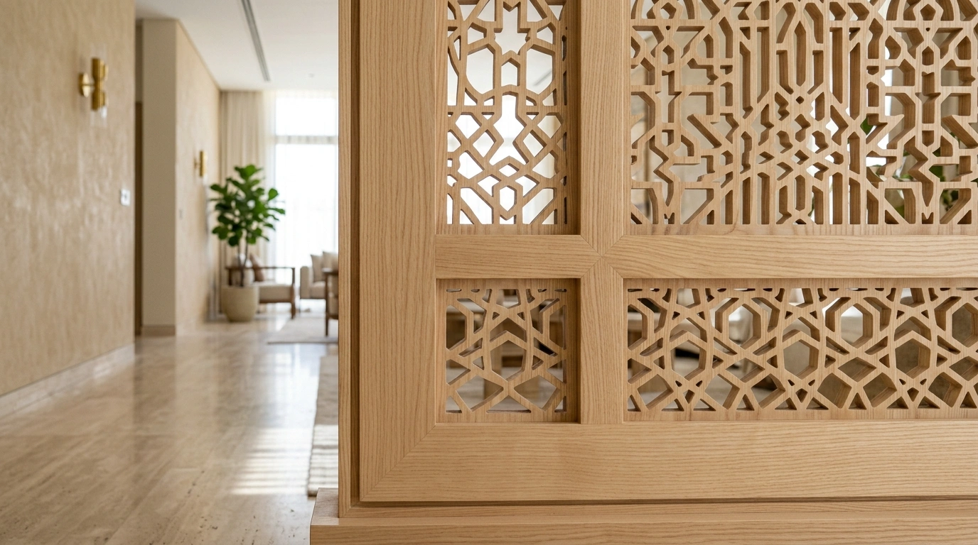 Custom CNC-cut ash wood Mashrabiya screen used as a corridor divider in a UAE home.
