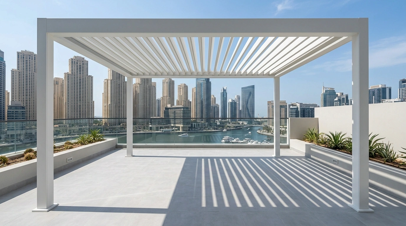 Custom built-in motorised louvre aluminium pergola on rooftop terrace in Dubai Marina apartment outdoor space
