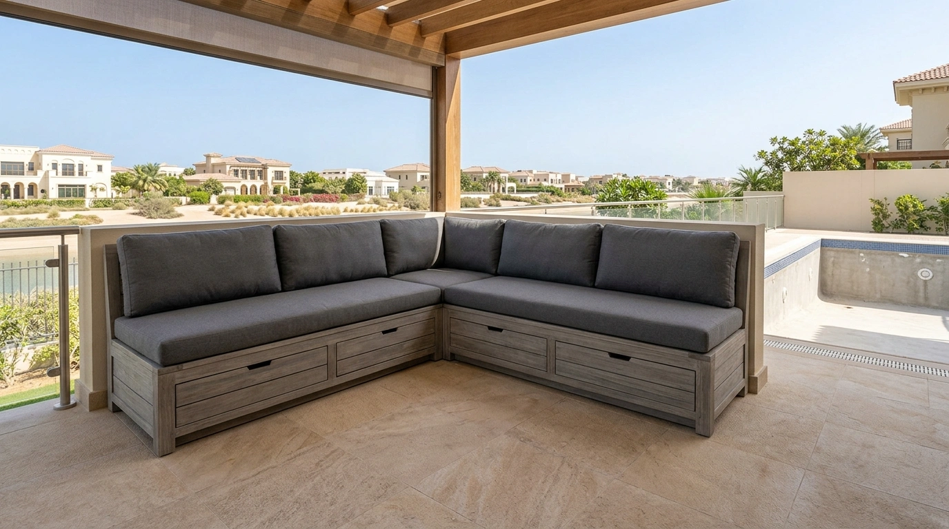 Custom built-in L-shaped outdoor banquette seating in grey teak on covered terrace in Palm Jumeirah villa