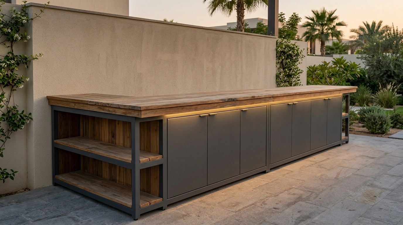 Custom built-in outdoor bar counter in charcoal aluminium with teak countertop in Tilal Al Ghaf Dubai villa garden
