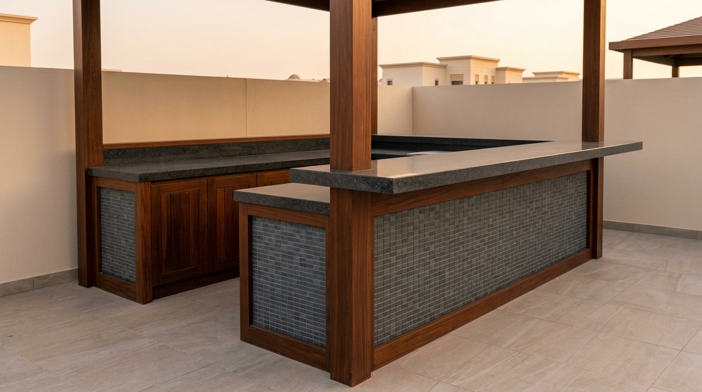 Custom built-in outdoor bar and kitchen in ipe hardwood with slate mosaic and granite top in MBR City Dubai villa terrace