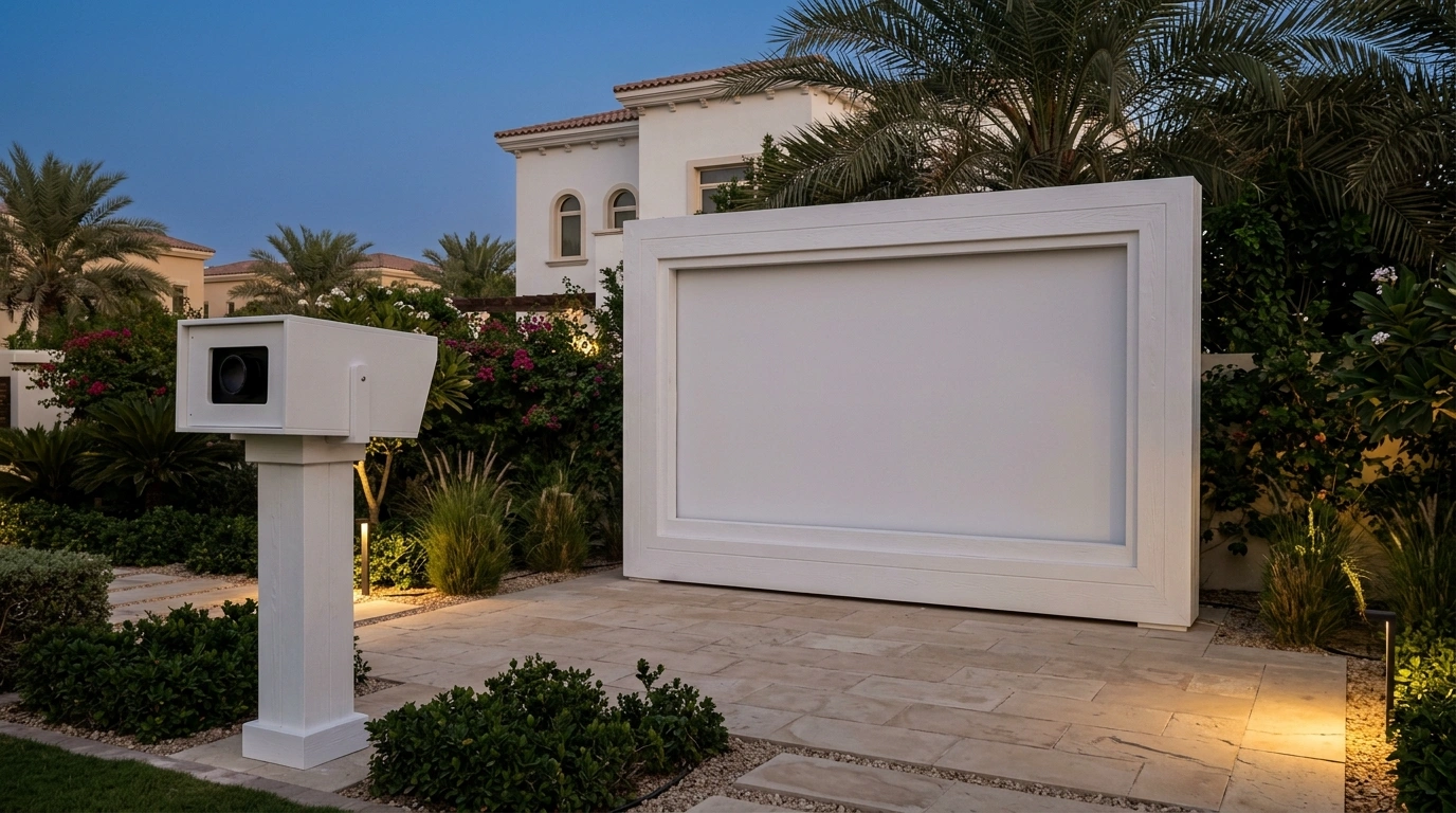 Custom built-in outdoor cinema screen and projector housing in white marine timber in Arabian Ranches Dubai villa garden