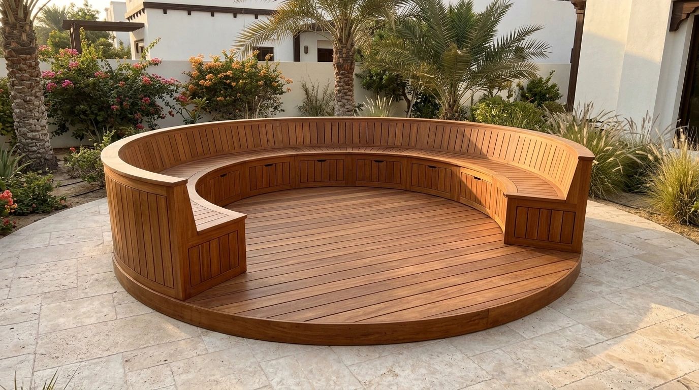 Custom built-in outdoor circular raised deck platform with curved iroko timber bench in Al Ain UAE villa garden