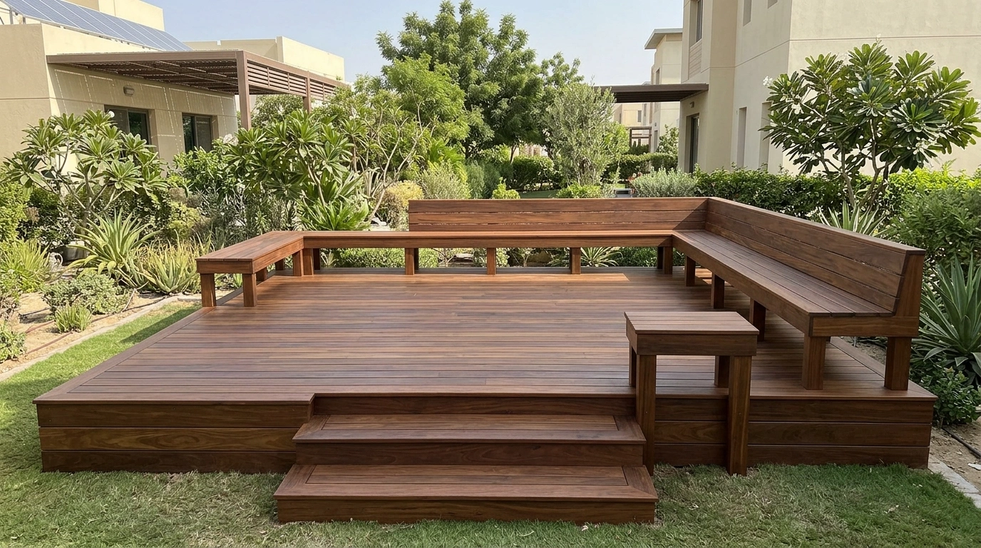 Custom built-in outdoor raised ipe dining deck with perimeter bench seating in The Sustainable City Dubai villa garden