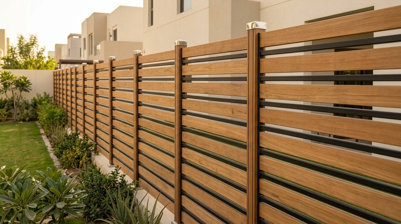 Custom built-in outdoor garden boundary fence in alternating teak and steel tube in Nshama Town Square Dubai villa