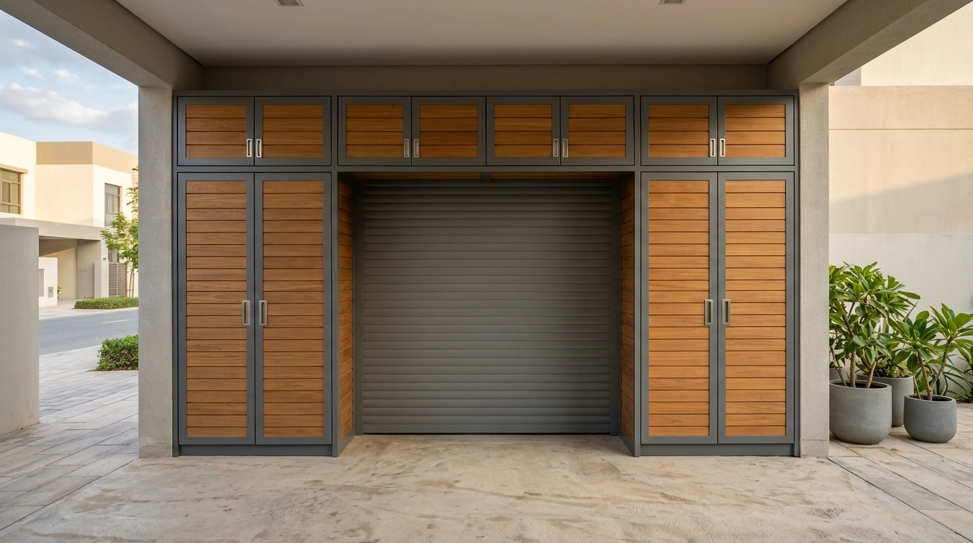 Custom built-in outdoor garage surround storage cabinets in grey aluminium with teak panels in Motor City Dubai villa carport