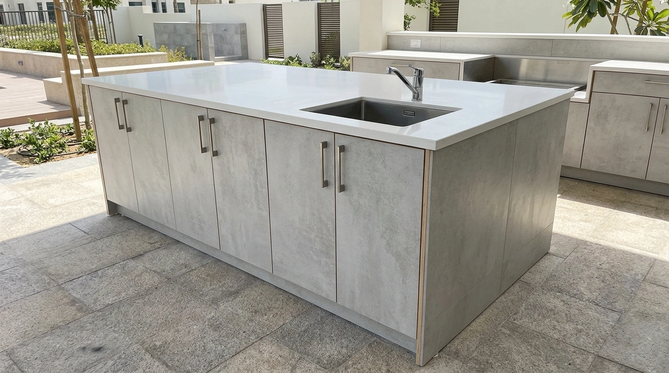Custom built-in outdoor kitchen island in concrete tile cladding with white quartz countertop in Damac Lagoons Dubai villa