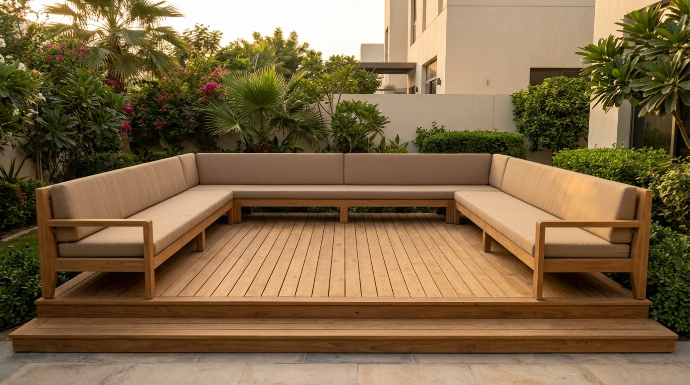 Custom built-in outdoor majlis seating platform with teak deck and perimeter bench in Al Barsha South Dubai villa garden