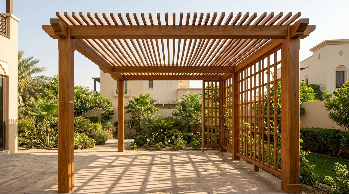 Custom built-in outdoor hardwood pergola with slatted roof and trellis panel in Arabian Ranches Dubai villa garden