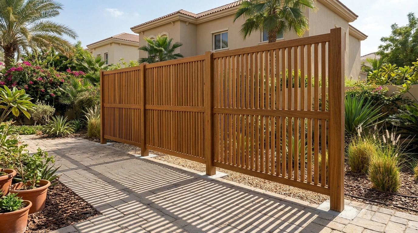 Custom built-in outdoor vertical slat iroko timber privacy screen in Meadows Dubai villa garden