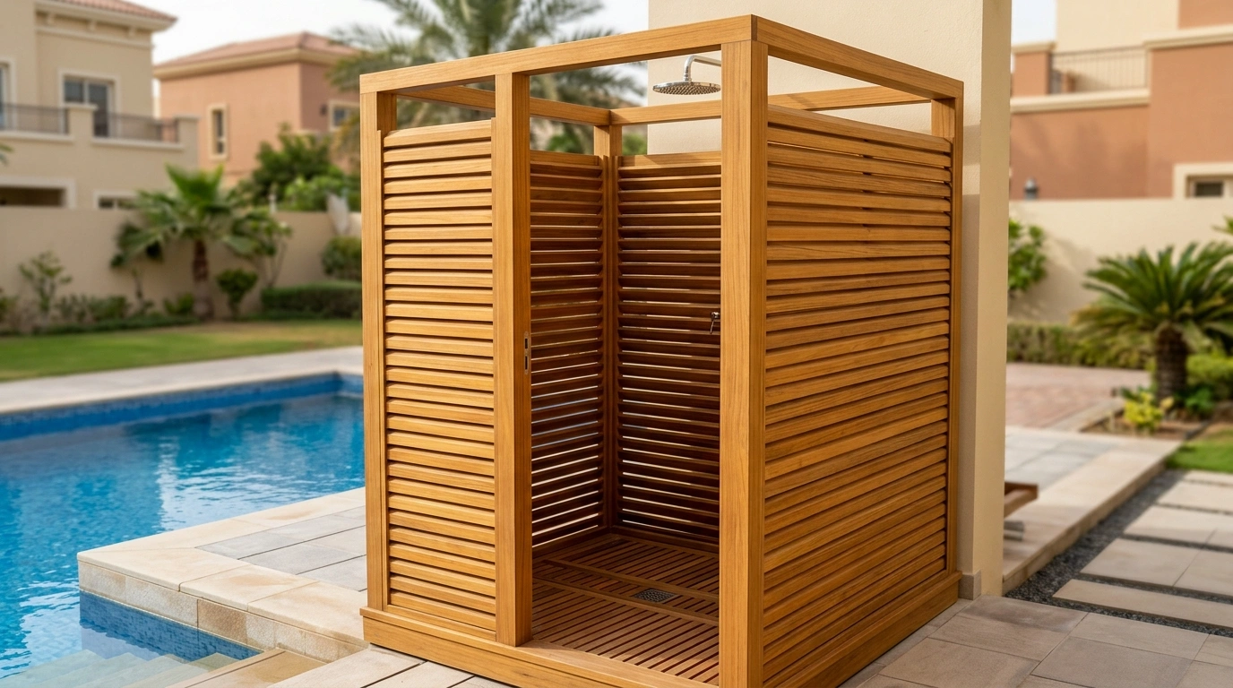 Custom built-in poolside outdoor shower cubicle in teak slat marine timber in The Lakes Dubai villa