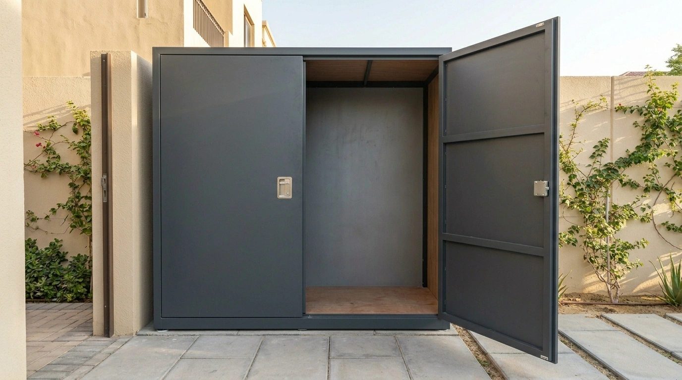 Custom built-in outdoor bike storage cabinet in grey aluminium clad marine plywood in Nshama Town Square Dubai villa