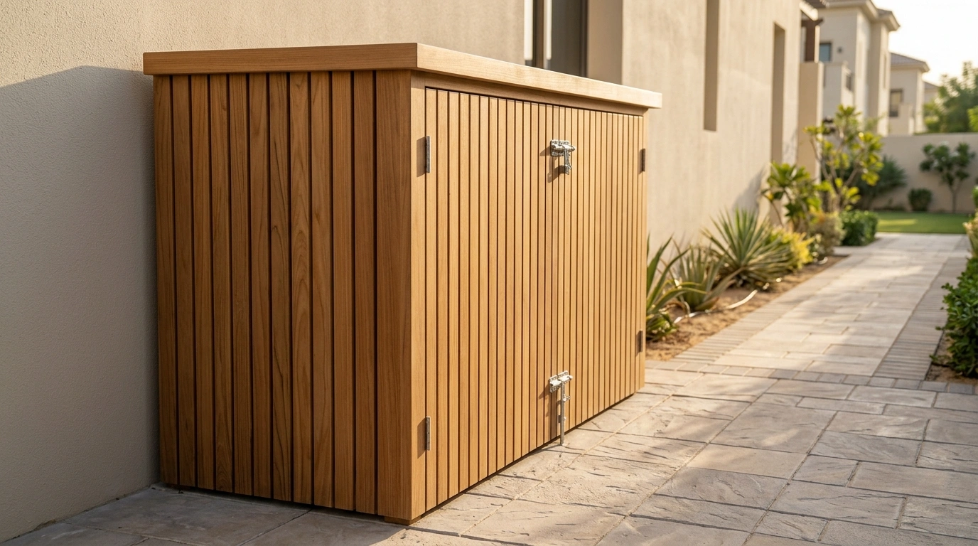 Custom built-in outdoor garden storage shed in teak-clad marine plywood in Jumeirah Golf Estates Dubai villa