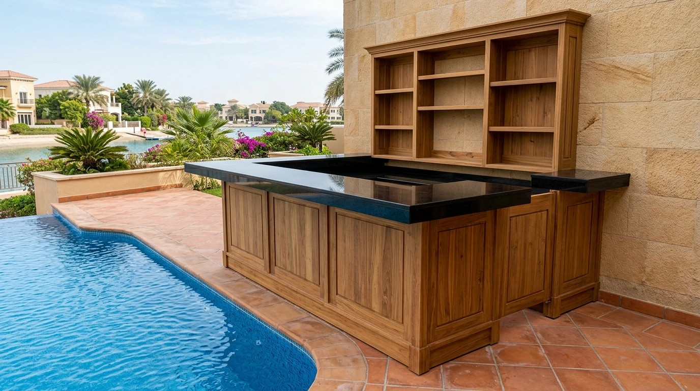 Custom built-in outdoor poolside teak bar counter with black granite top and back shelf in Jumeirah Islands Dubai villa