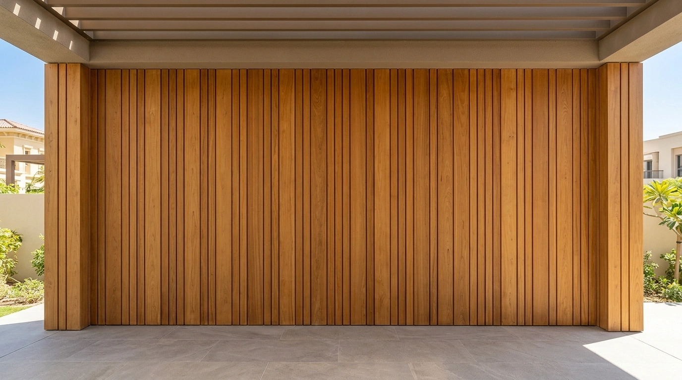 Custom built-in outdoor feature wall in mixed-width vertical teak boards with shadow gap in Al Furjan Dubai villa terrace