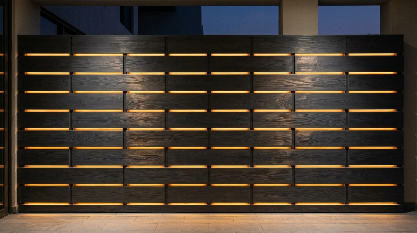 Custom built-in outdoor charcoal ash wood cladding with integrated LED strip rows in Sobha Reserve Dubai villa terrace