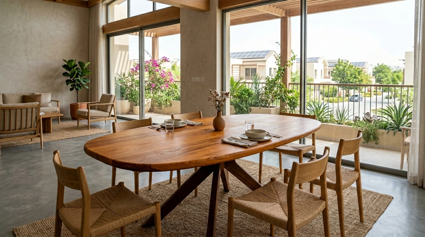 Custom oval Iroko wood dining table with organic rounded edges in The Sustainable City.