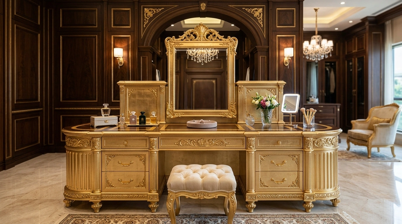 Ornate champagne gold leaf dressing table with fluted panels in an Emirates Hills estate.
