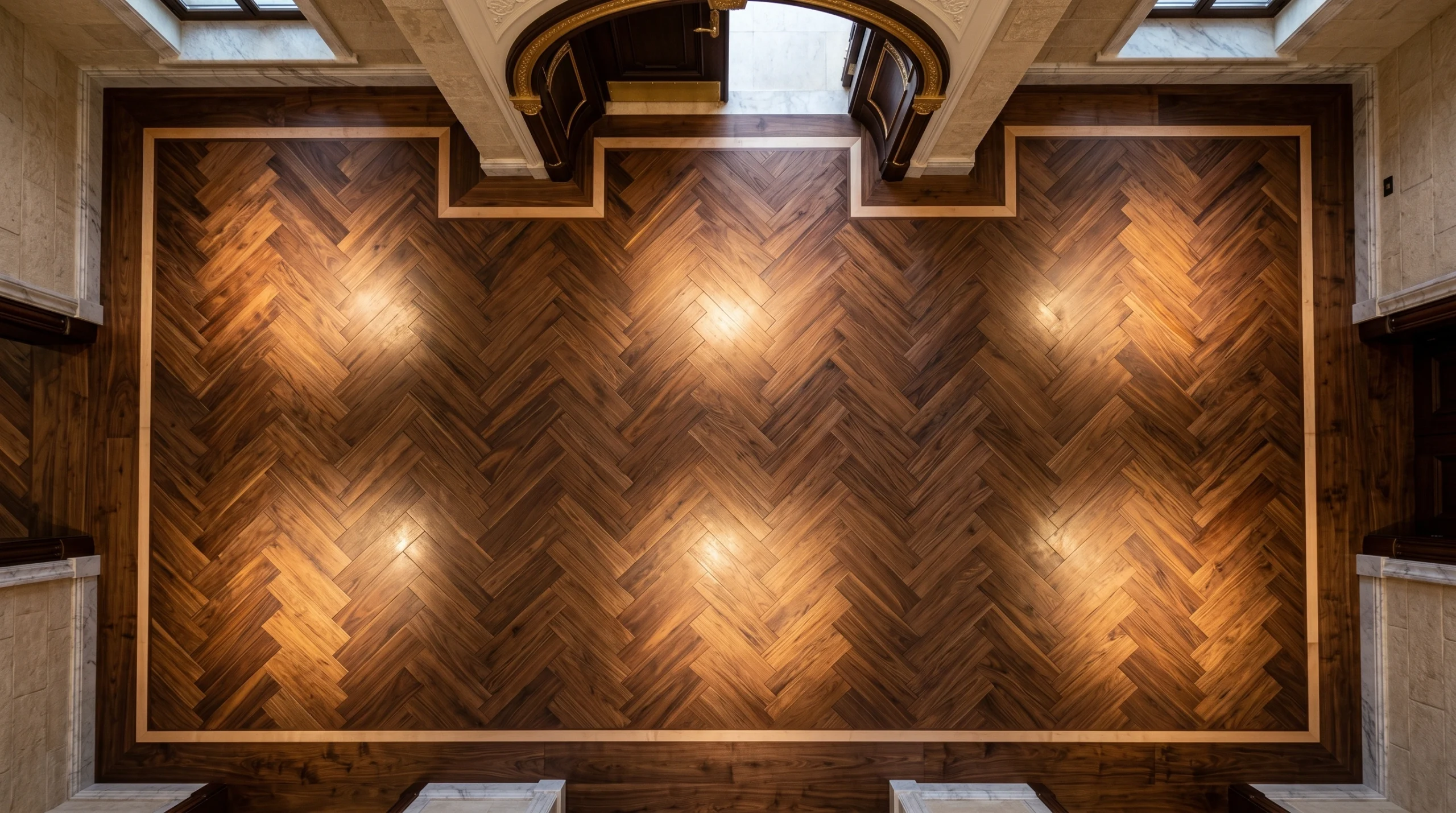 Precision double-herringbone walnut parquet floor with maple border inlay installed in Dubai luxury villa entrance foyer showing expert custom pattern carpentry