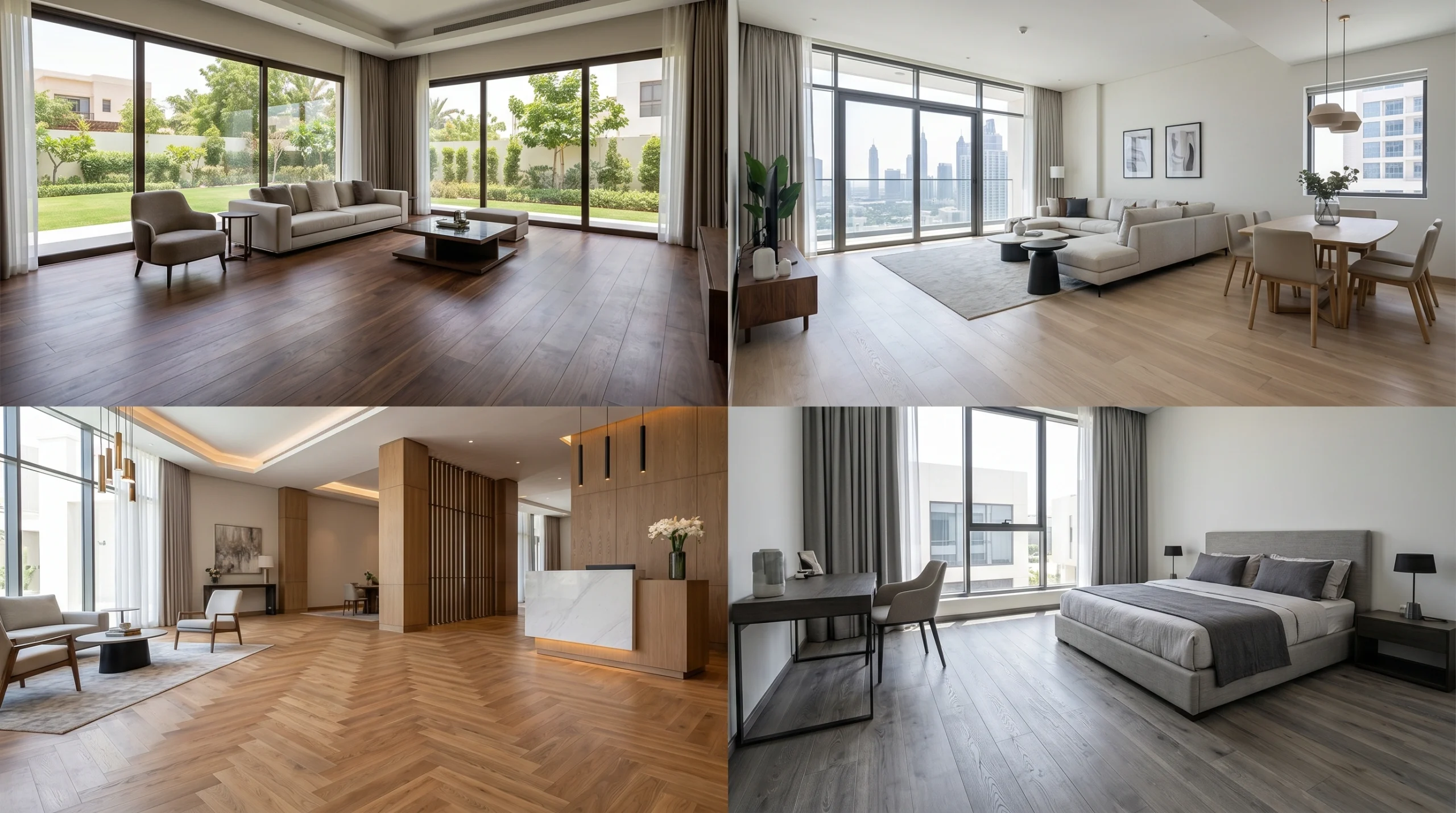 Portfolio of four recent wooden flooring installations across UAE showing variety of species, patterns, and settings in villas, apartments, and commercial spaces