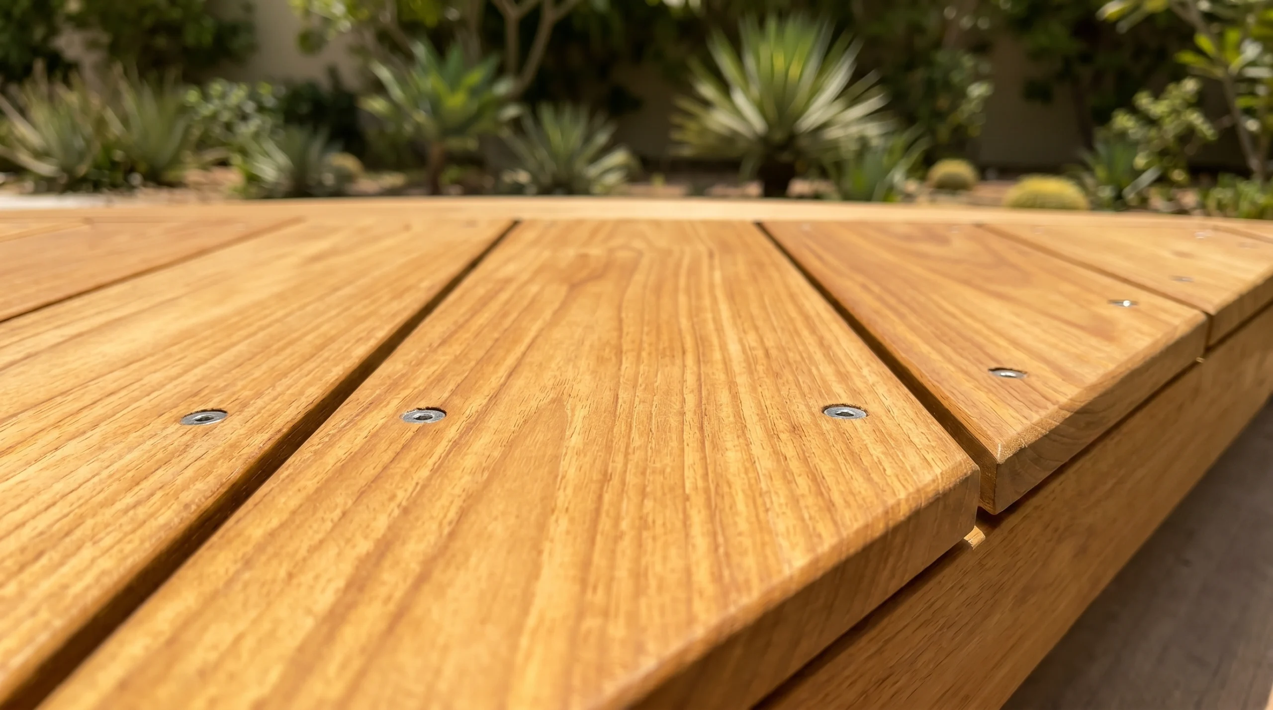 Outdoor teak deck board expansion gap quality inspection with uniform spacing and flush stainless fixings in UAE villa garden by Karnak Carpentry