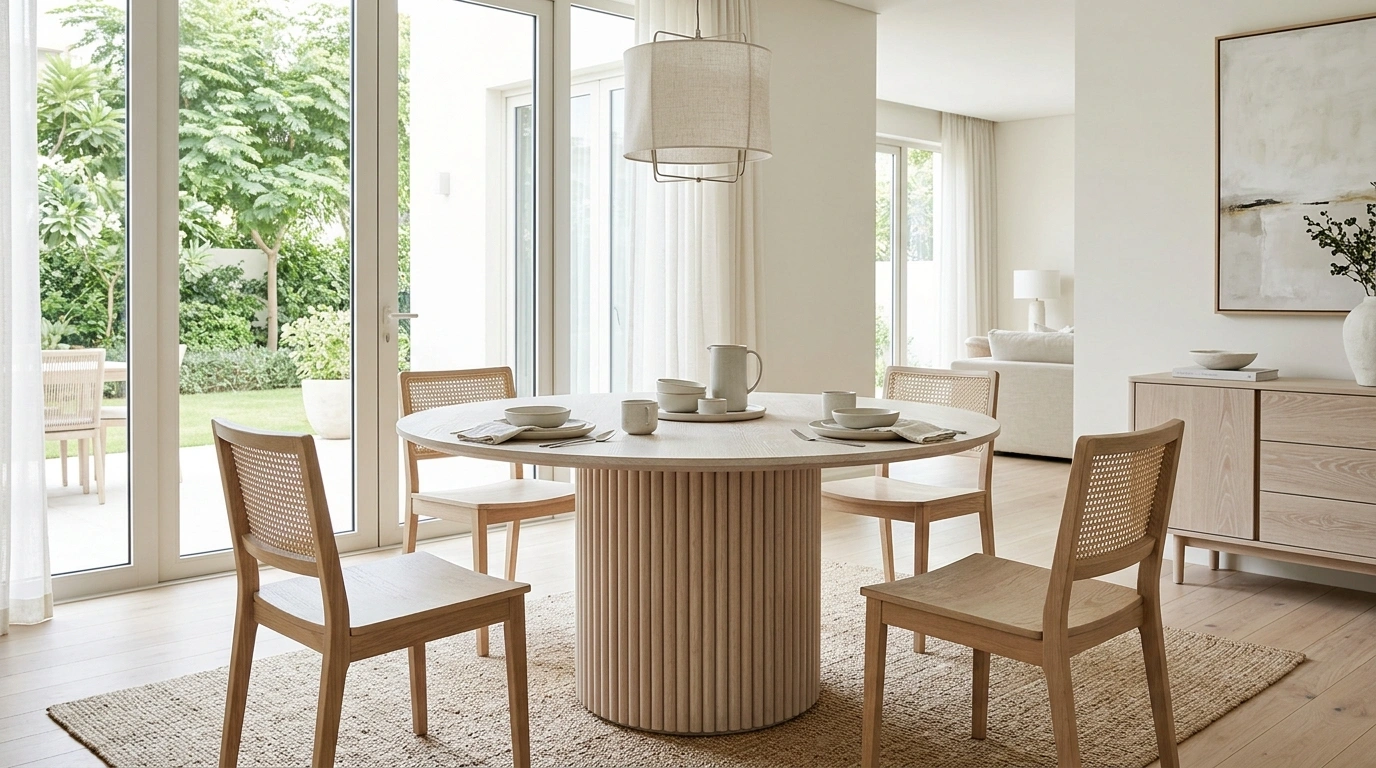 : White-washed oak round dining table with fluted tambour pedestal base in Villa Nova.