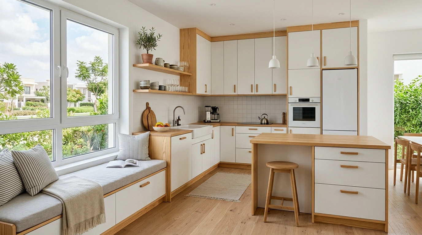Scandinavian style white and pine wood kitchen units in Damac Hills.