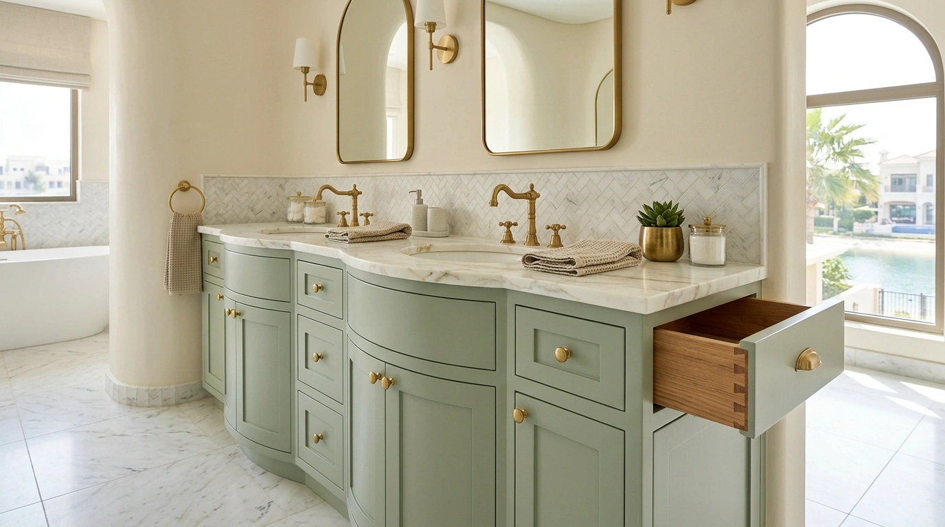 Custom sage green shaker-style bathroom vanity installed in Jumeirah Islands.