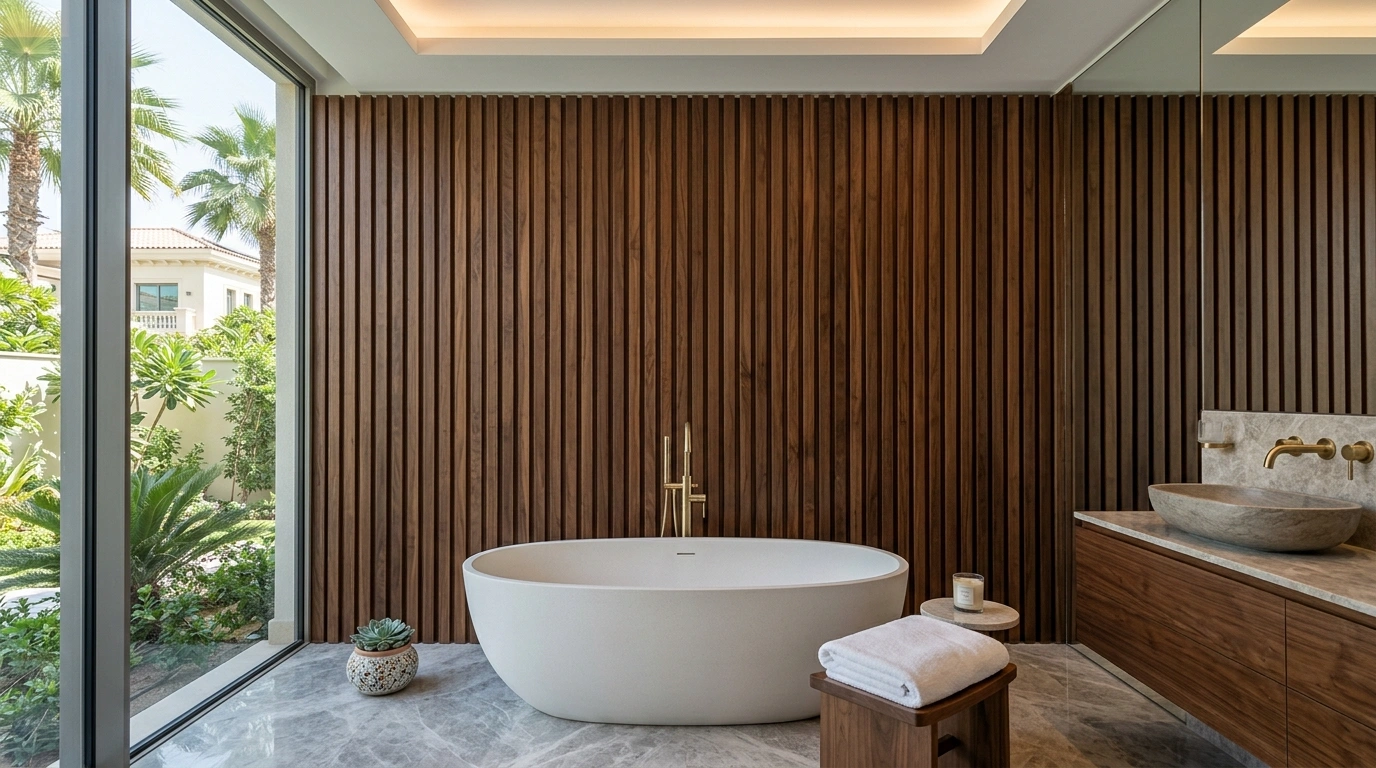 Vertical walnut wood slatted feature wall in a luxury Emirates Hills bathroom.