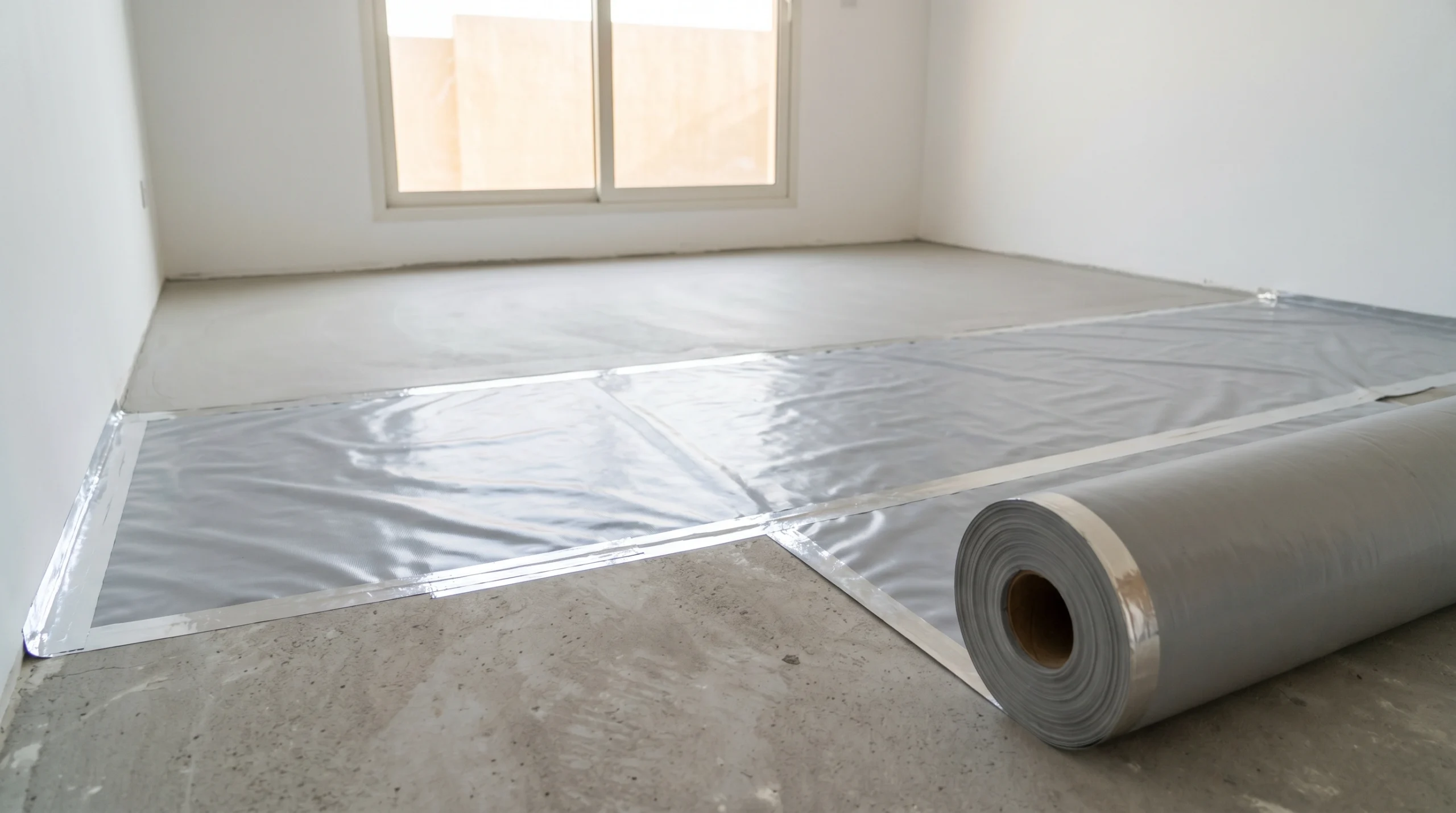 Moisture mitigation membrane and self-levelling compound applied on concrete subfloor during wooden flooring installation preparation in Dubai villa
