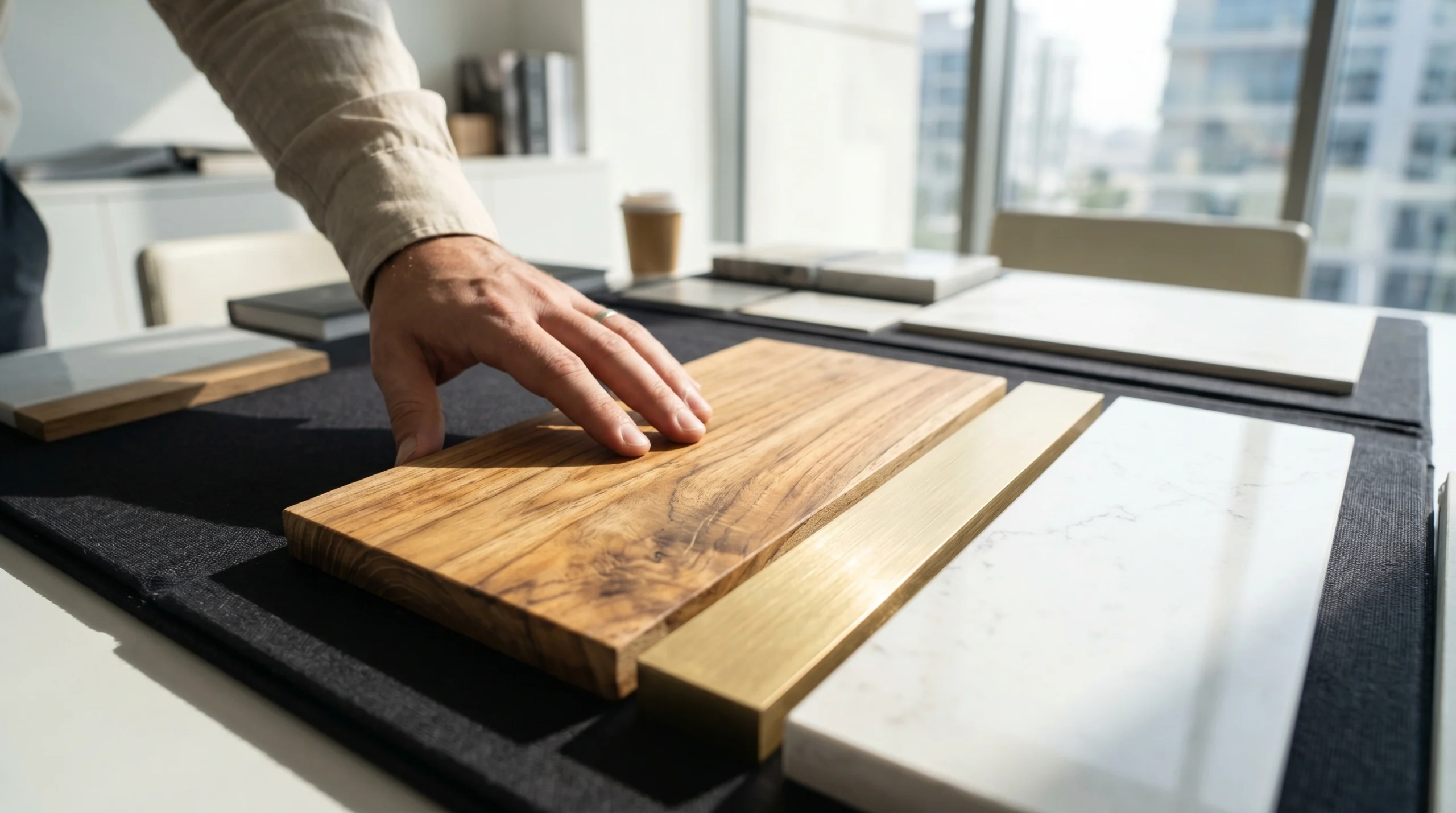 Curated wood veneers, metal hardware, and glass samples arranged for client material approval at Karnak.
