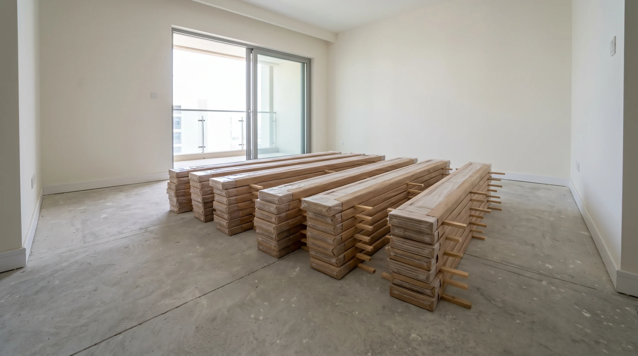 Engineered hardwood flooring planks stacked and acclimatizing inside an empty UAE apartment room before installation begins