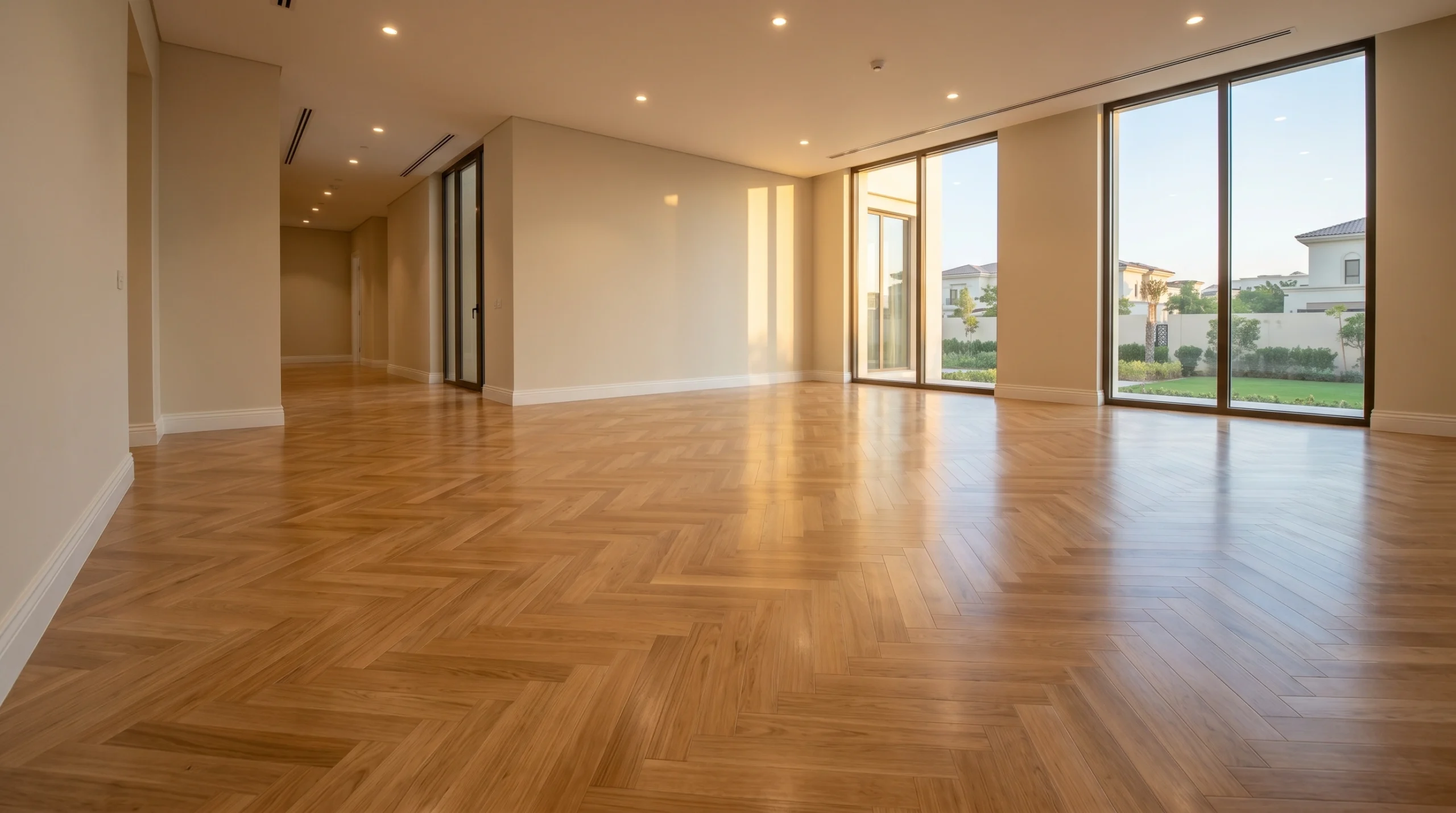 Finished and inspected herringbone oak hardwood floor in empty Dubai villa living room ready for client walkthrough after Karnak Carpentry installation