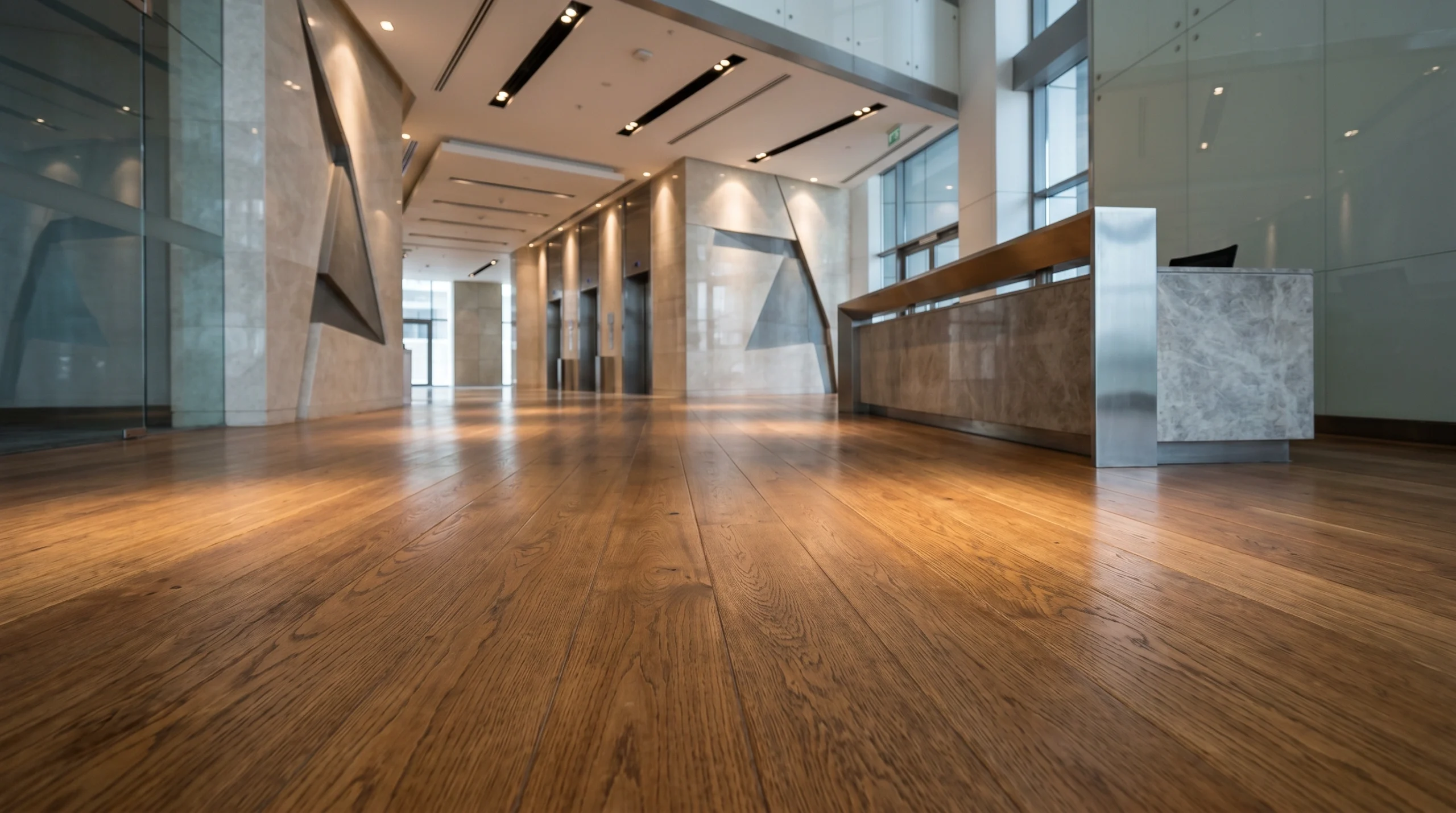 Solid hardwood flooring in high-traffic UAE commercial building lobby showing long-term durability and maintained finish quality over years of use