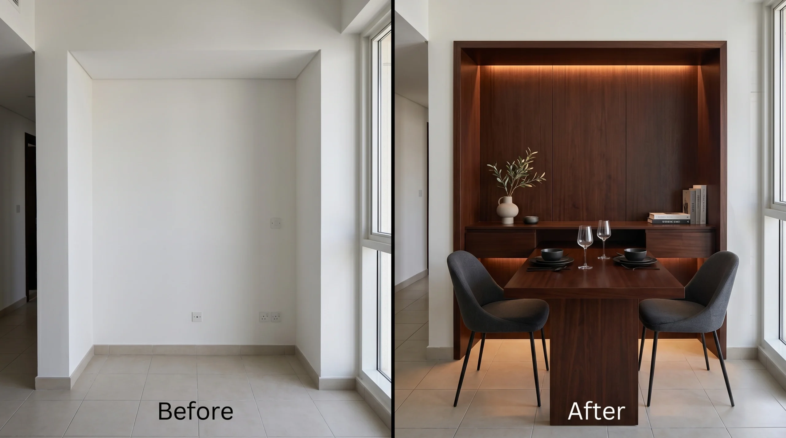 Before and after of a custom mahogany dining table integrated into wall paneling in Meydan.