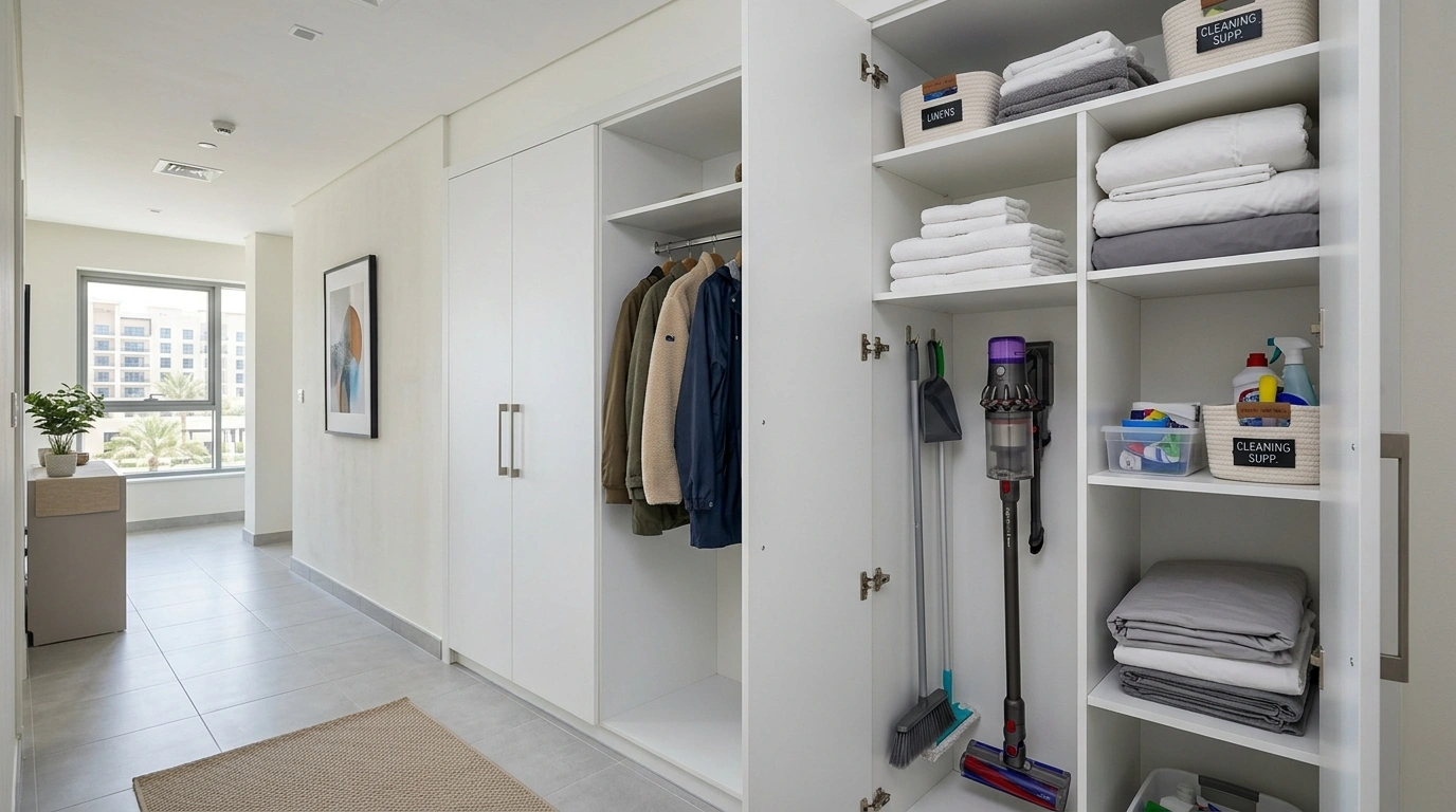 White functional hallway storage and utility wardrobe in Town Square, Dubai.