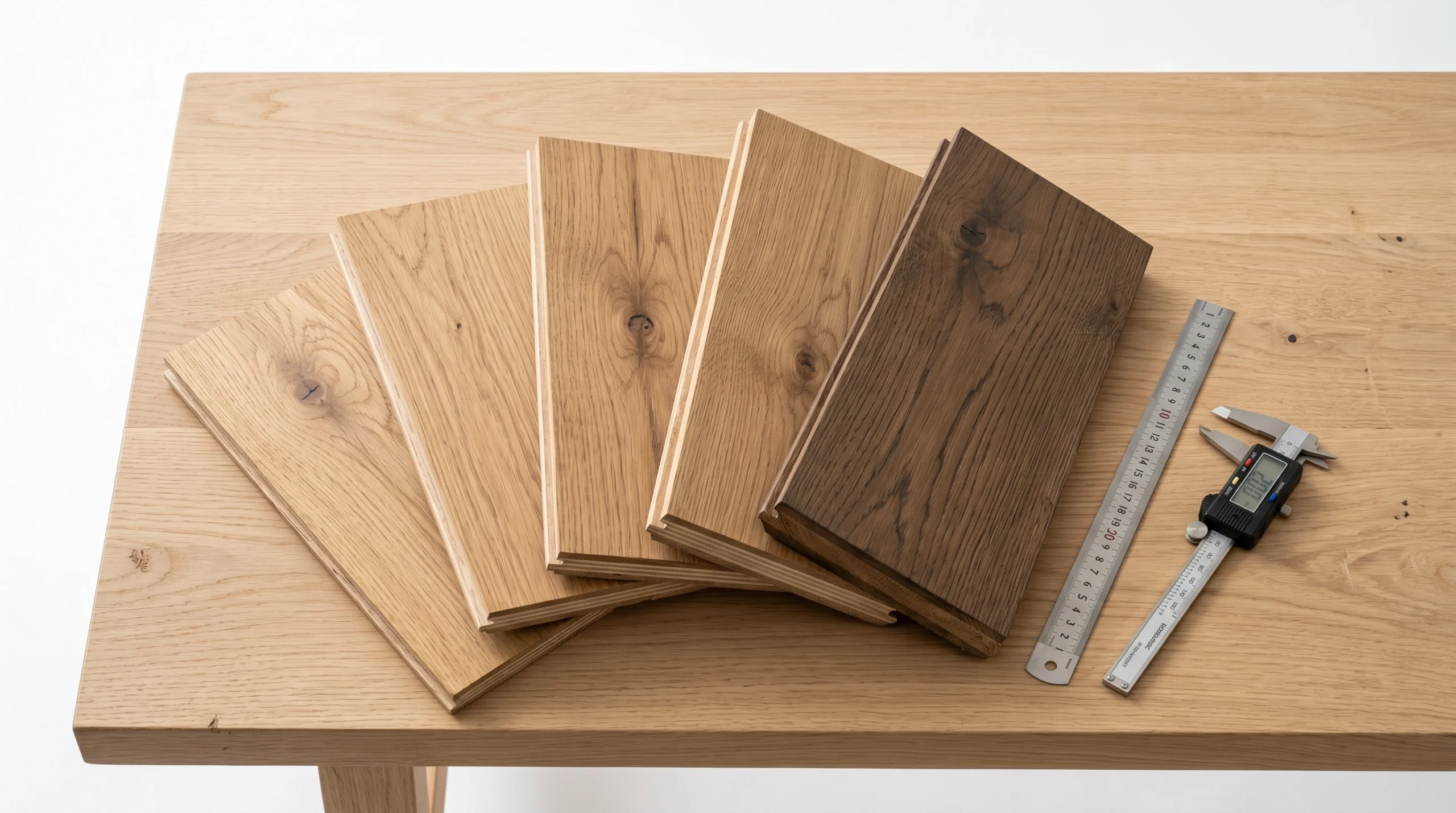 Engineered hardwood flooring samples of varying thickness grades and quality specifications arranged professionally for Dubai project material selection