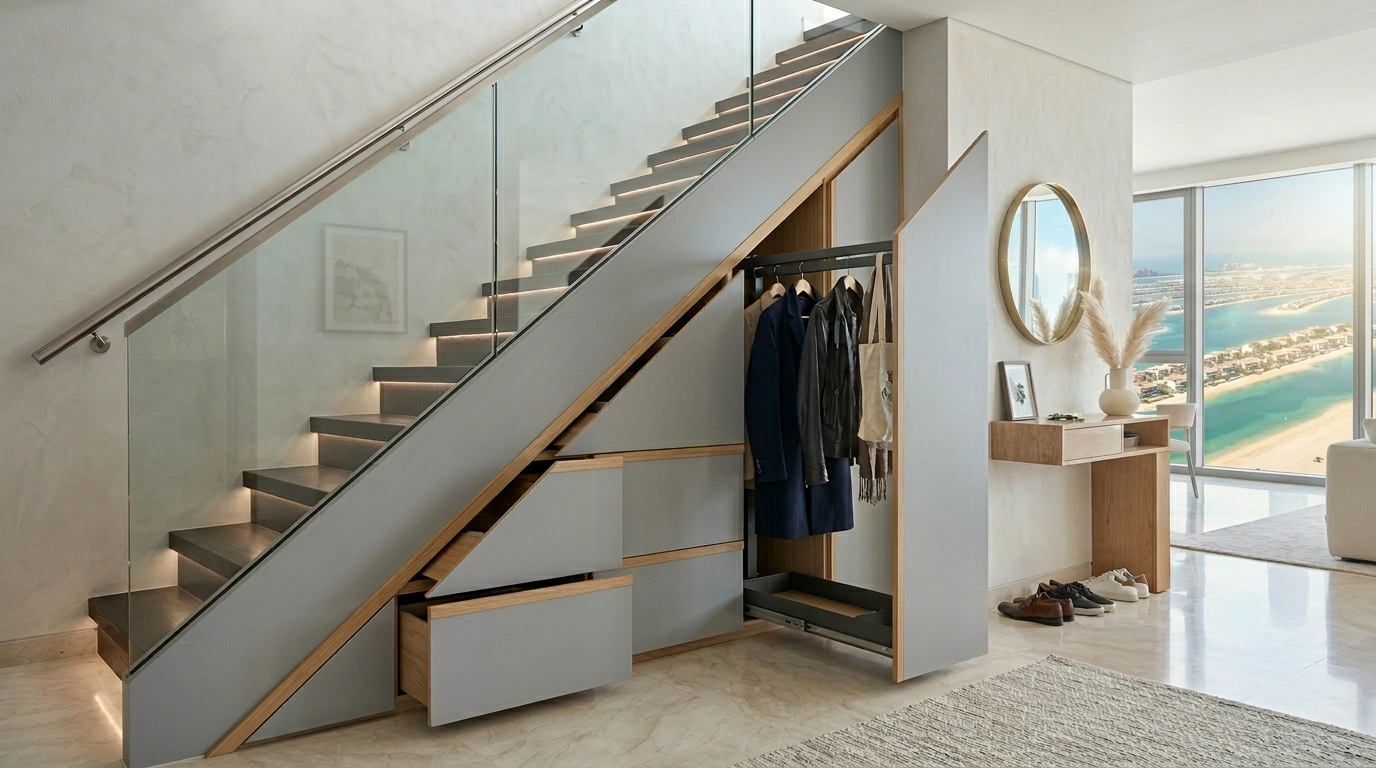 Custom under-stair storage drawers and cabinetry in a Dubai Marina penthouse.