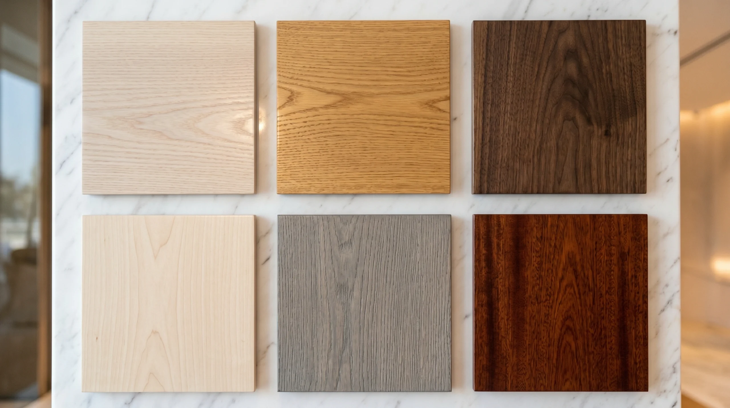 Range of wooden flooring species and finish options available for UAE homes and offices, displayed as installed panel samples in Dubai showroom