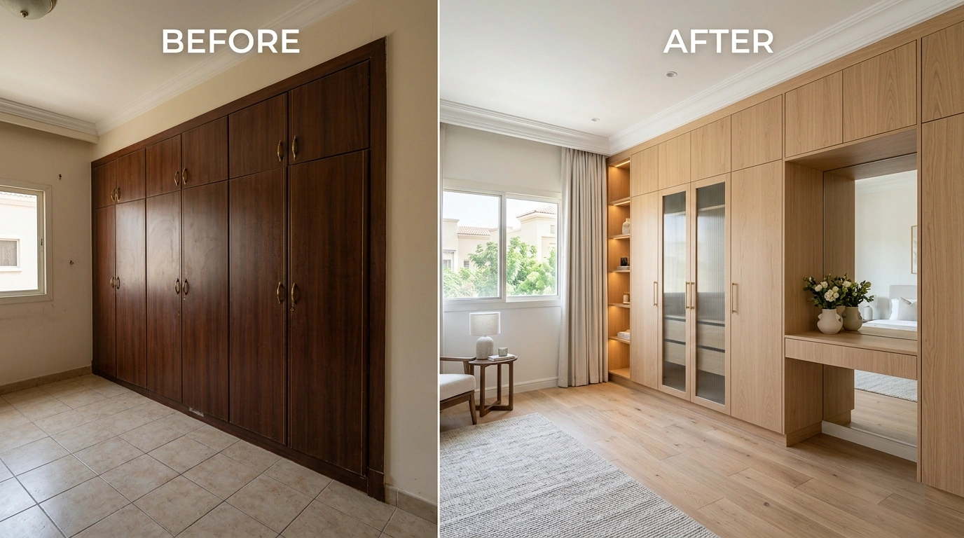 Before and after wardrobe renovation in The Springs, Dubai, featuring light oak joinery.
