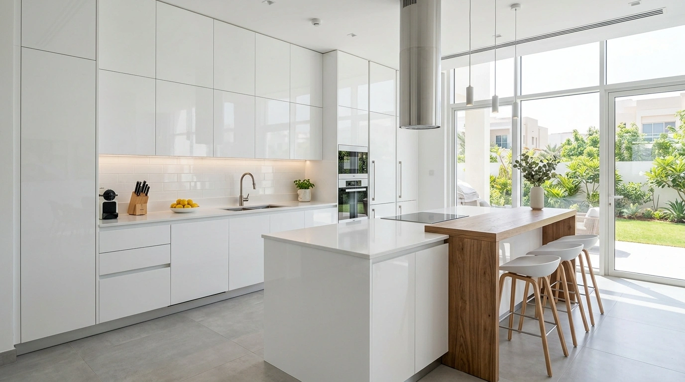 Custom high-gloss white kitchen units with walnut wood breakfast bar in Mirdif, Dubai.