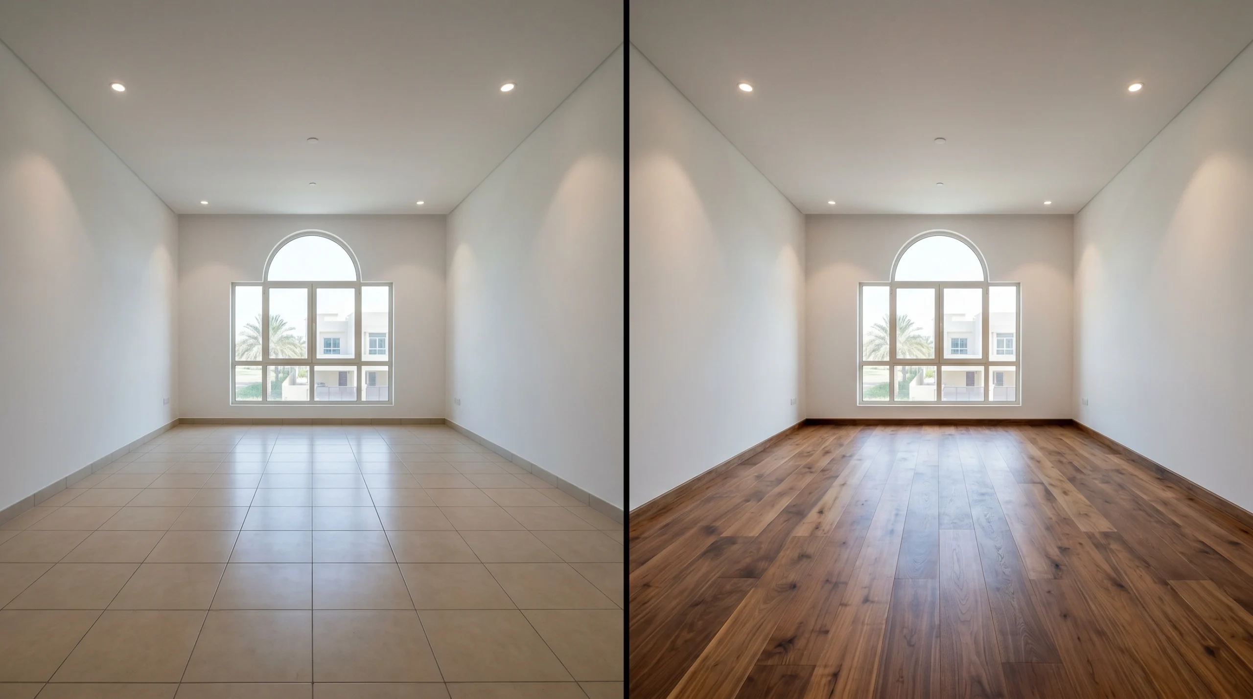 Before and after comparison of ceramic tile versus installed walnut hardwood flooring transformation inside UAE townhouse showing dramatic property upgrade