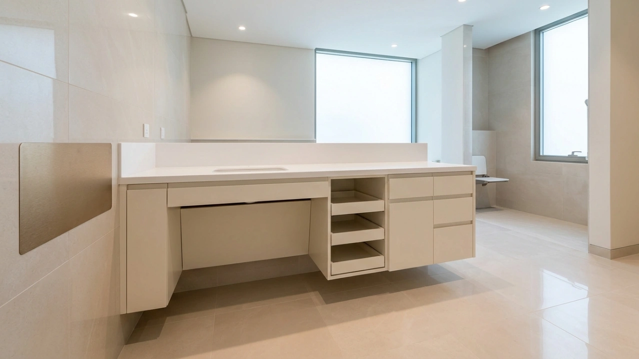 Accessible bathroom vanity with knee-space recess, pull-out trays, and grab bar reinforcement panel in an Abu Dhabi villa by Karnak Carpentry