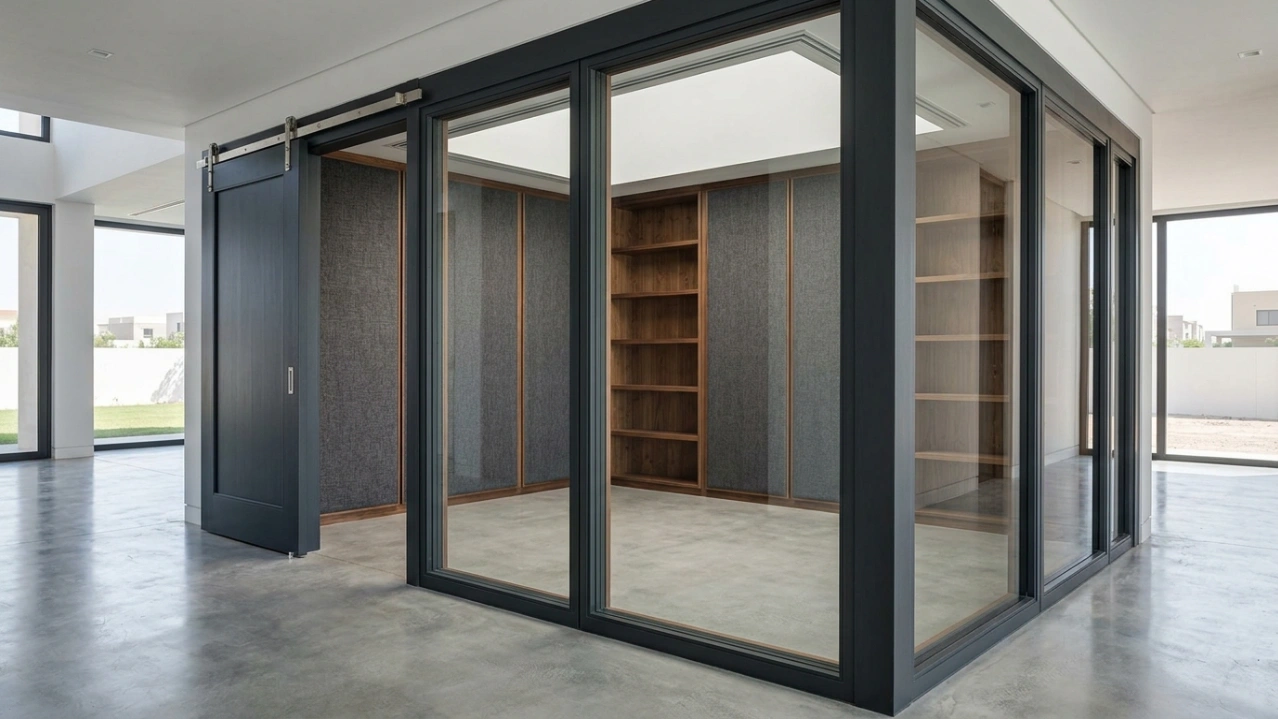 Custom acoustic home office enclosure with charcoal-framed glass partition and built-in fabric acoustic panels in a UAE villa by Karnak Carpentry