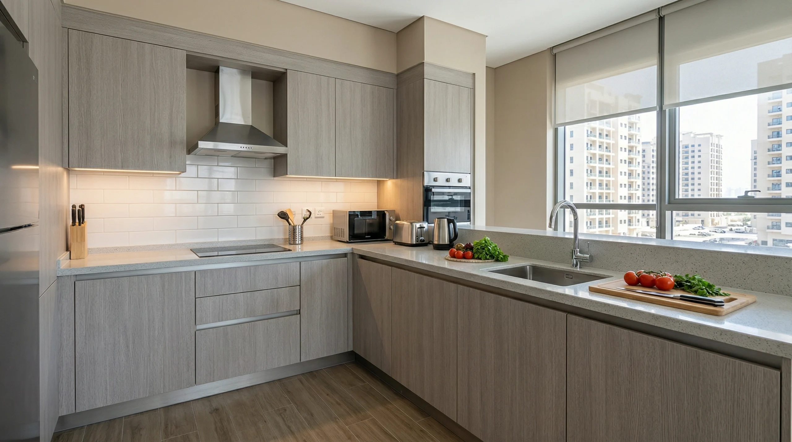 affordable kitchen cabinets Dubai laminate carpentry UAE apartment