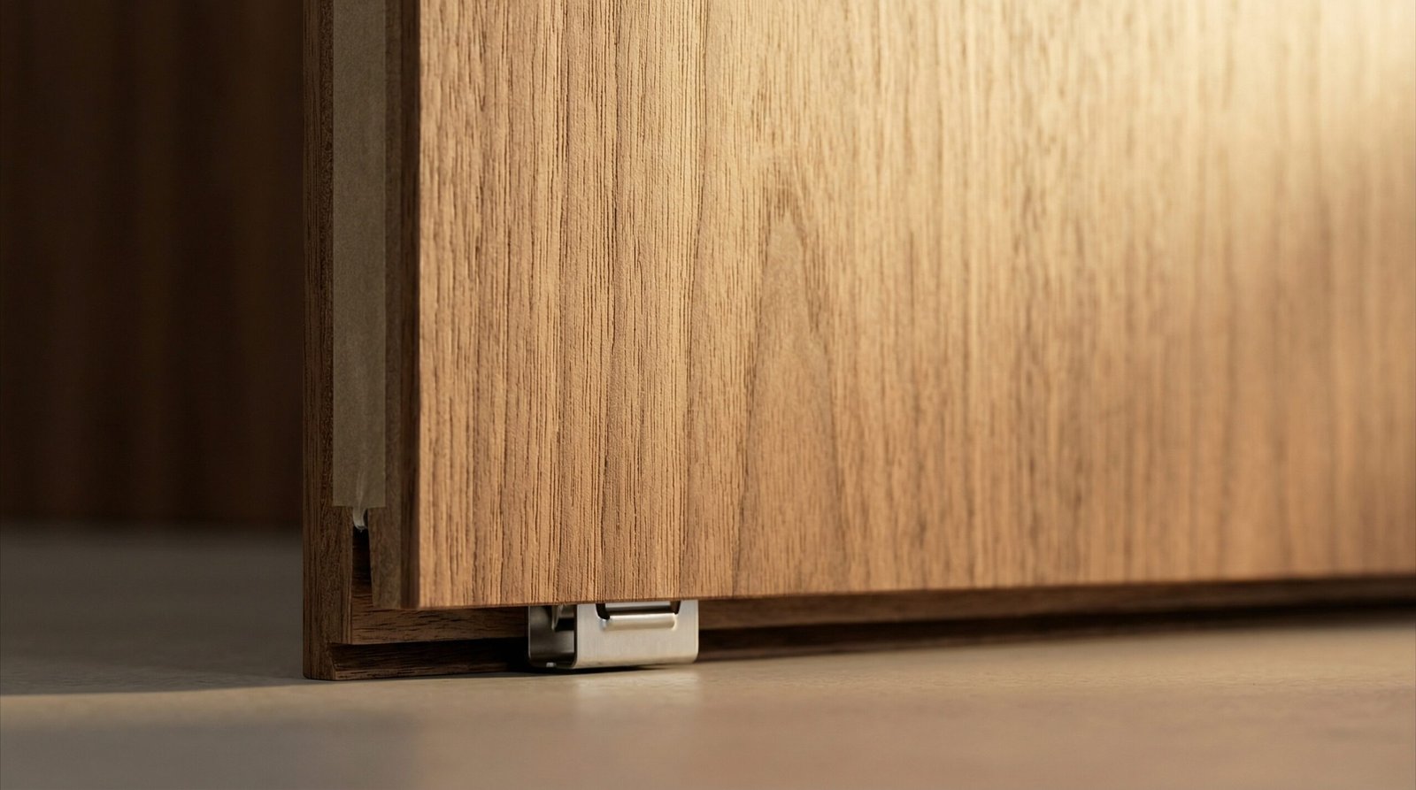 Technical detail of anti-warp expansion gap and moisture-barrier backing in a UAE living room wall panel by Karnak Carpentry