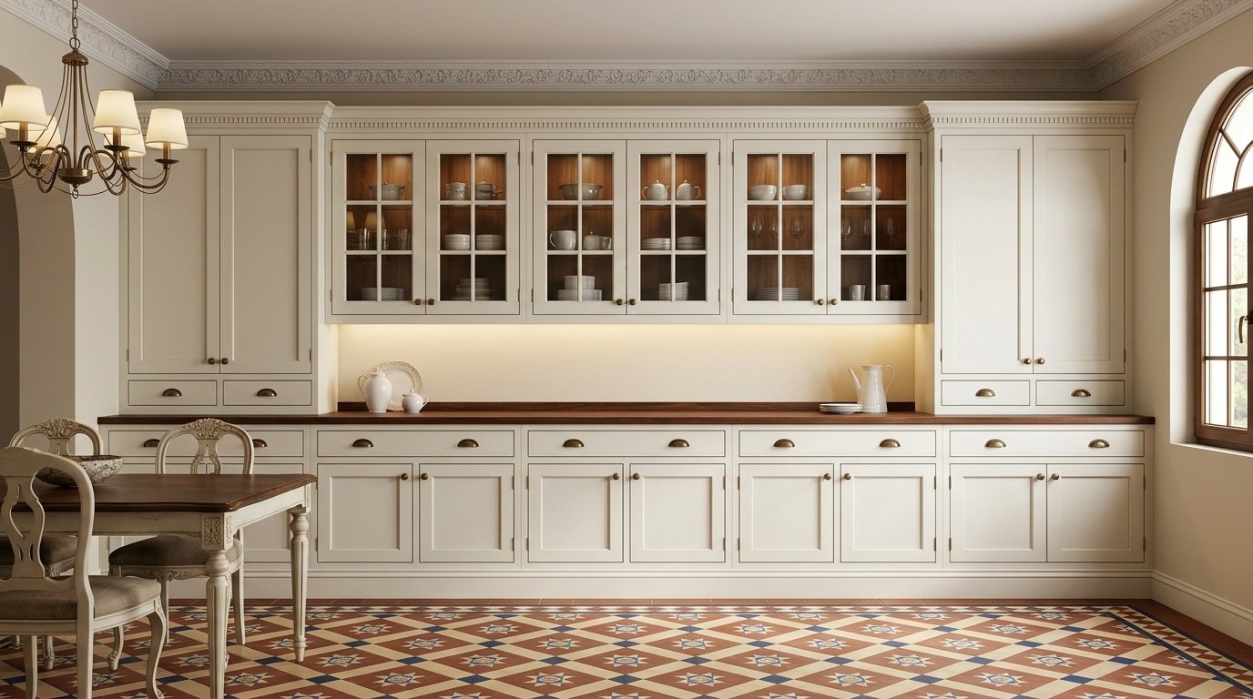 Antique white painted dining room dresser with glazed doors and crown moulding in traditional Dubai villa