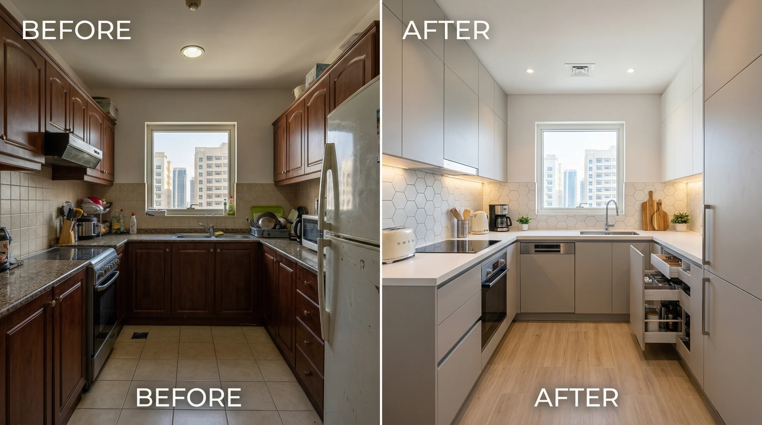 before after apartment kitchen renovation Dubai custom cabinetry upgrade UAE