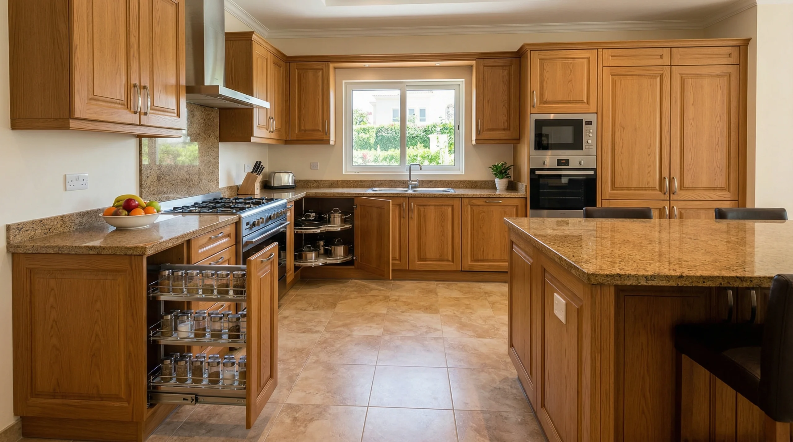 Oak kitchen cabinets with pull-out storage in Arabian Ranches villa UAE